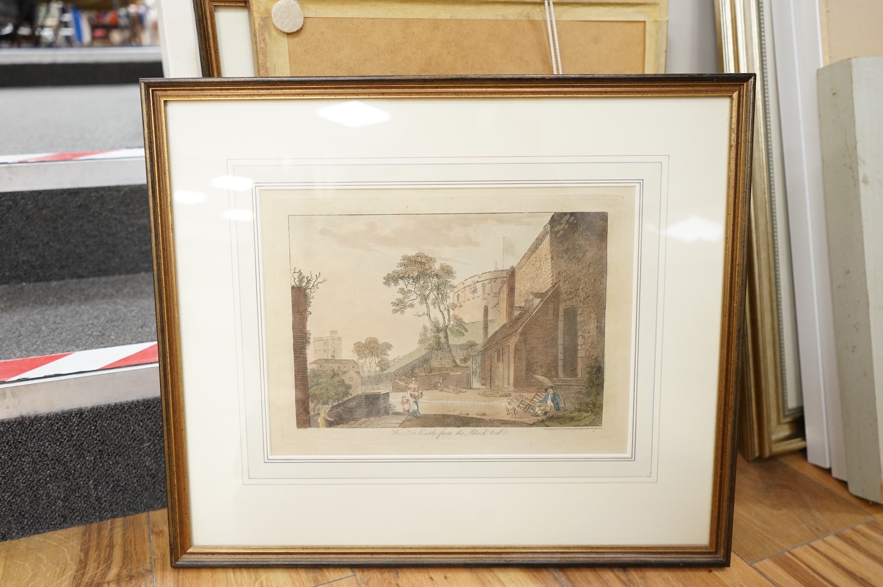 After Paul Sandby RA (1731-1809), Views of Windsor Castle and Windsor to include ‘Gate Under Queen Elizabeth’s Picture Gallery’, publ. T. Palfer, 1812, set of six colour engravings, 22 x 30cm